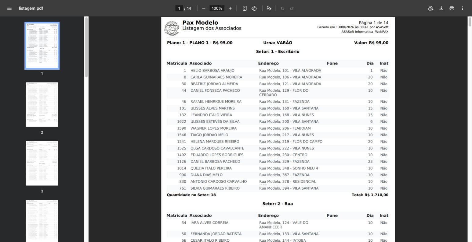 Relatório de listagem de associados do PAX gerado em PDF